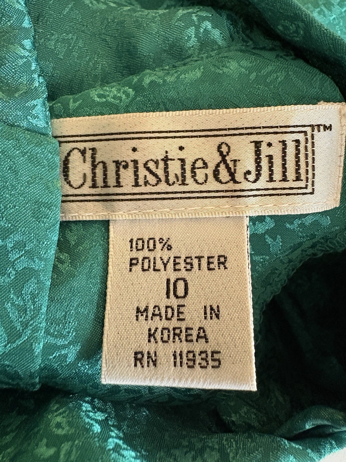 VTG Green Blouse, Faint Pattern. Made In Korea. 100% Polyester But Feels Silky