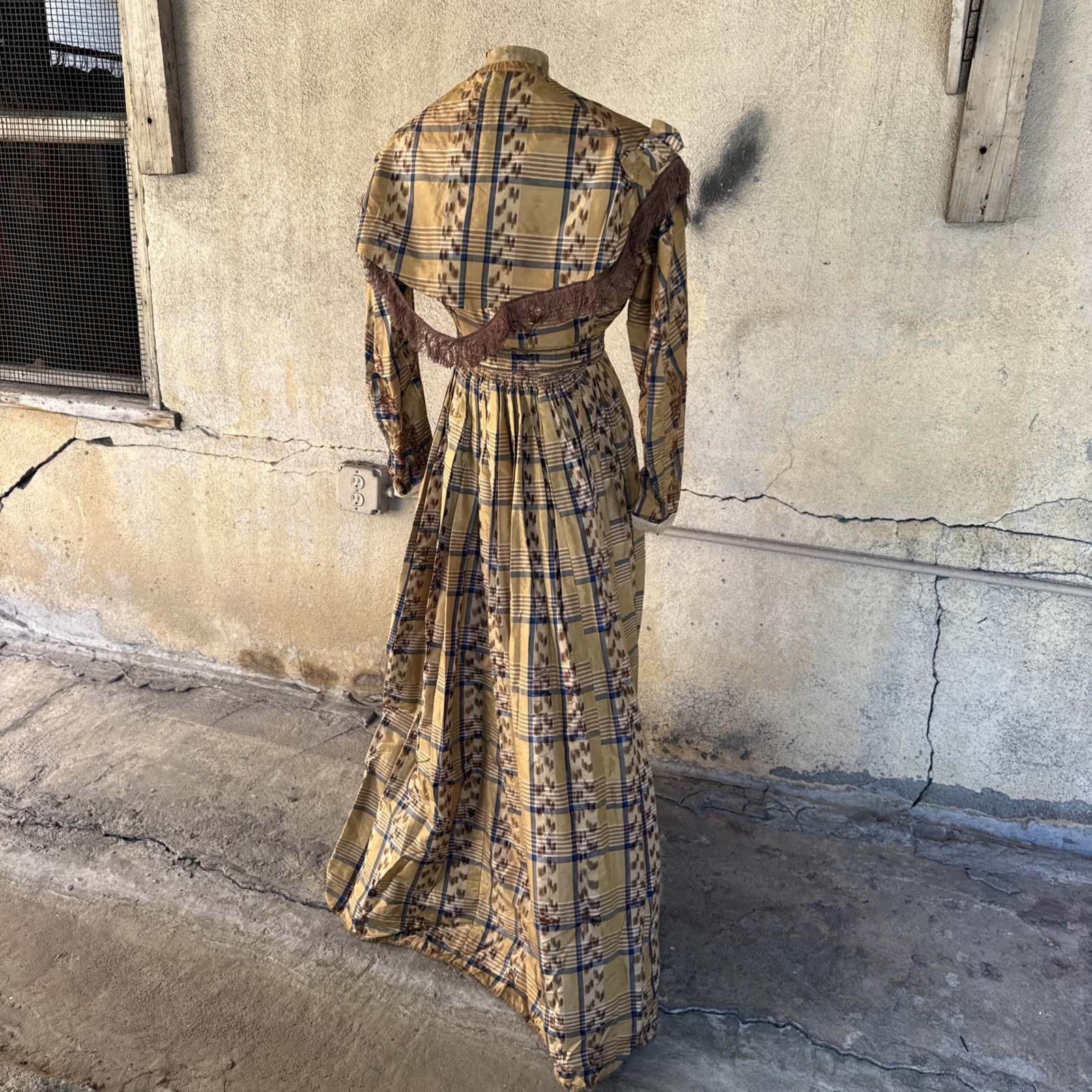 Antique Victorian Brown & Blue Plaid Silk Dress & Cape 1860s Vintage