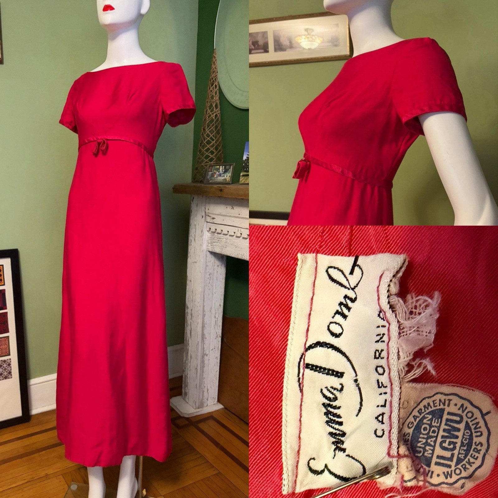 VTG EMMA DOMB Red / Pink BRIDGERTON Empire Silk Blend Gown Small 34/26 Prom