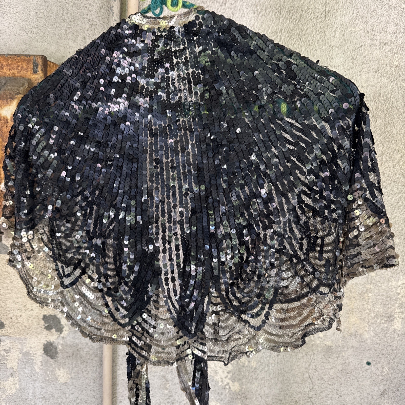 Vintage 1930s Black & Silver Sequin On Net Scalloped Cape Art Deco Dress Top