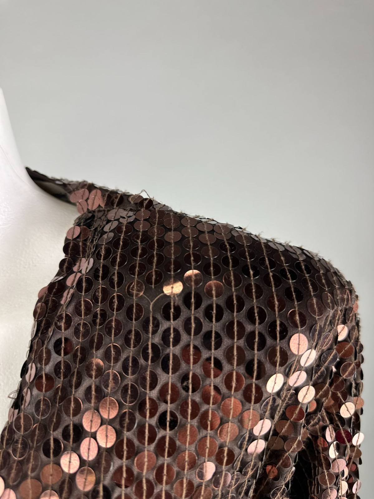 Vintage 80s Oleg Cassini Sequin Dress Brown Bronze Copper Long Sleeve Dynasty 8