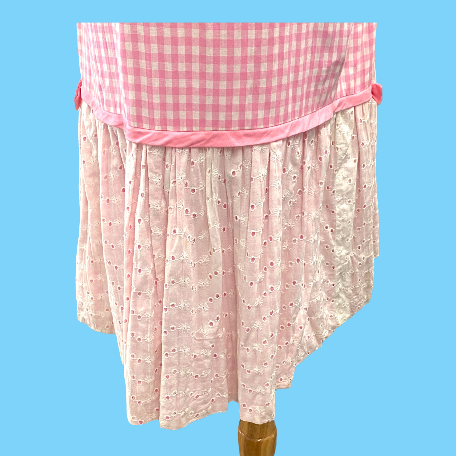Vintage Pink Gingham Check Drop Waist Dress W/ White Cotton Eyelet Skirt M