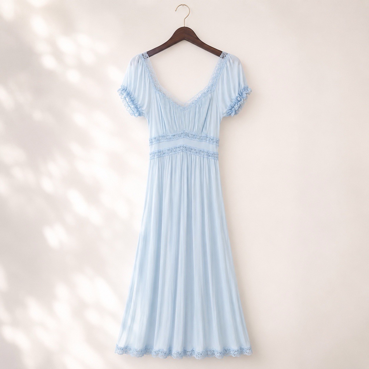 Vintage Charmode Blue Acetate Tricot Nightgown Lace Maxi Gown 32 USA