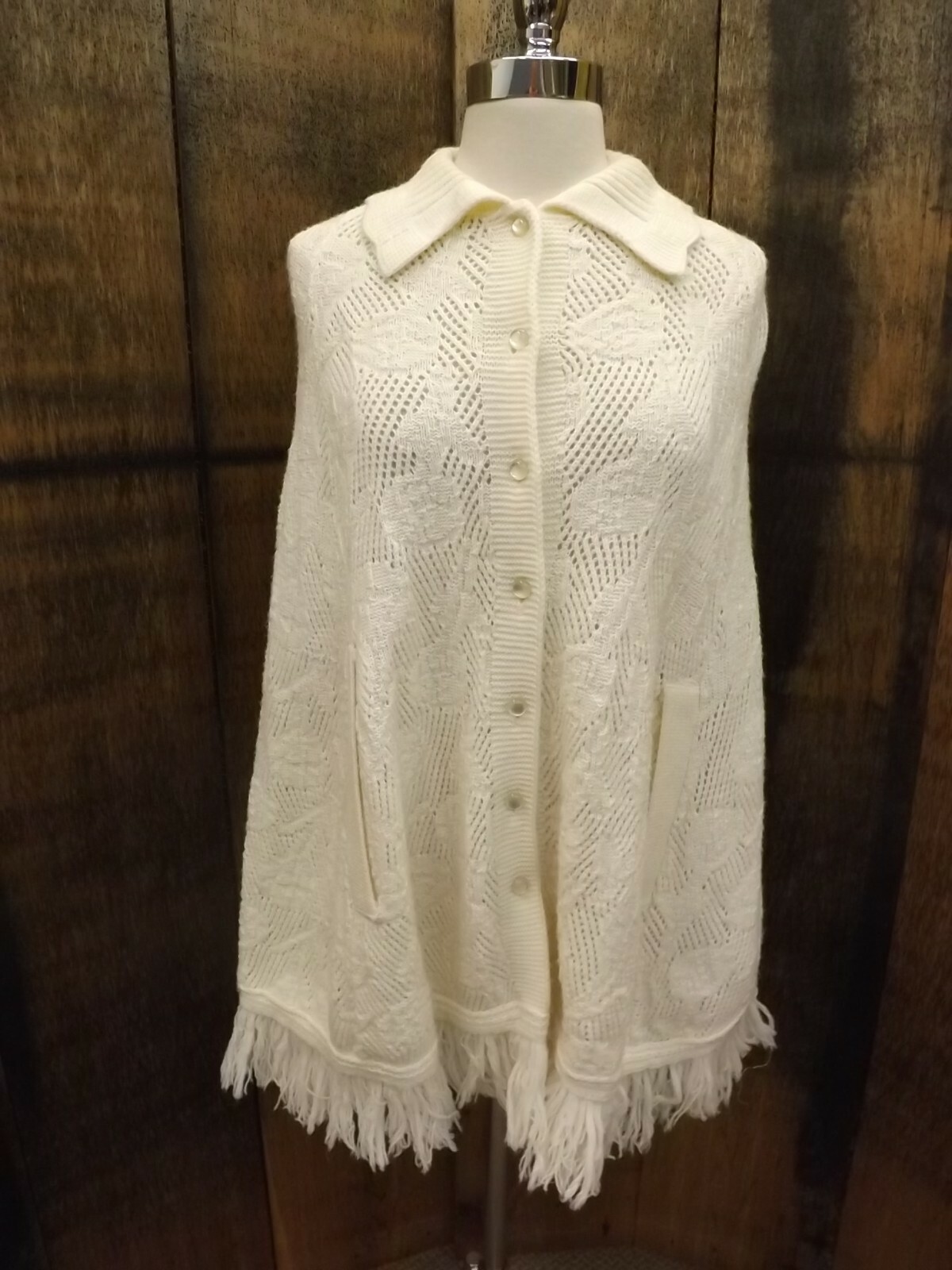 Wintuk Vtg 1960s Textured Knit Fringe Hem Contoured Button Up Cape w/ Hand Slits
