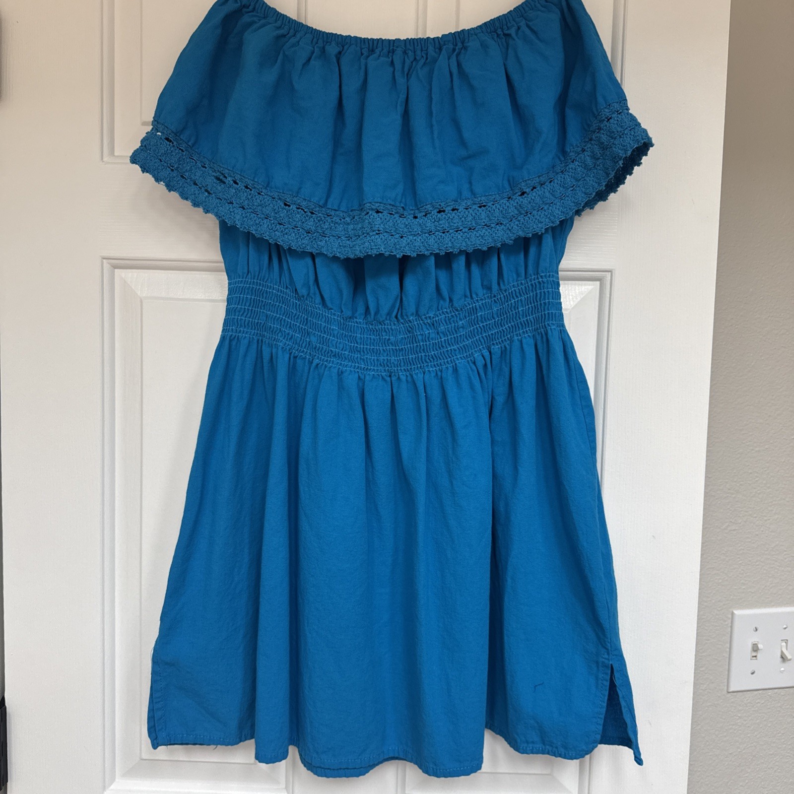 Mexican Folk M/L Embroidered Hand Crafted Ocean Floral Boho Artisan Hippie Dress