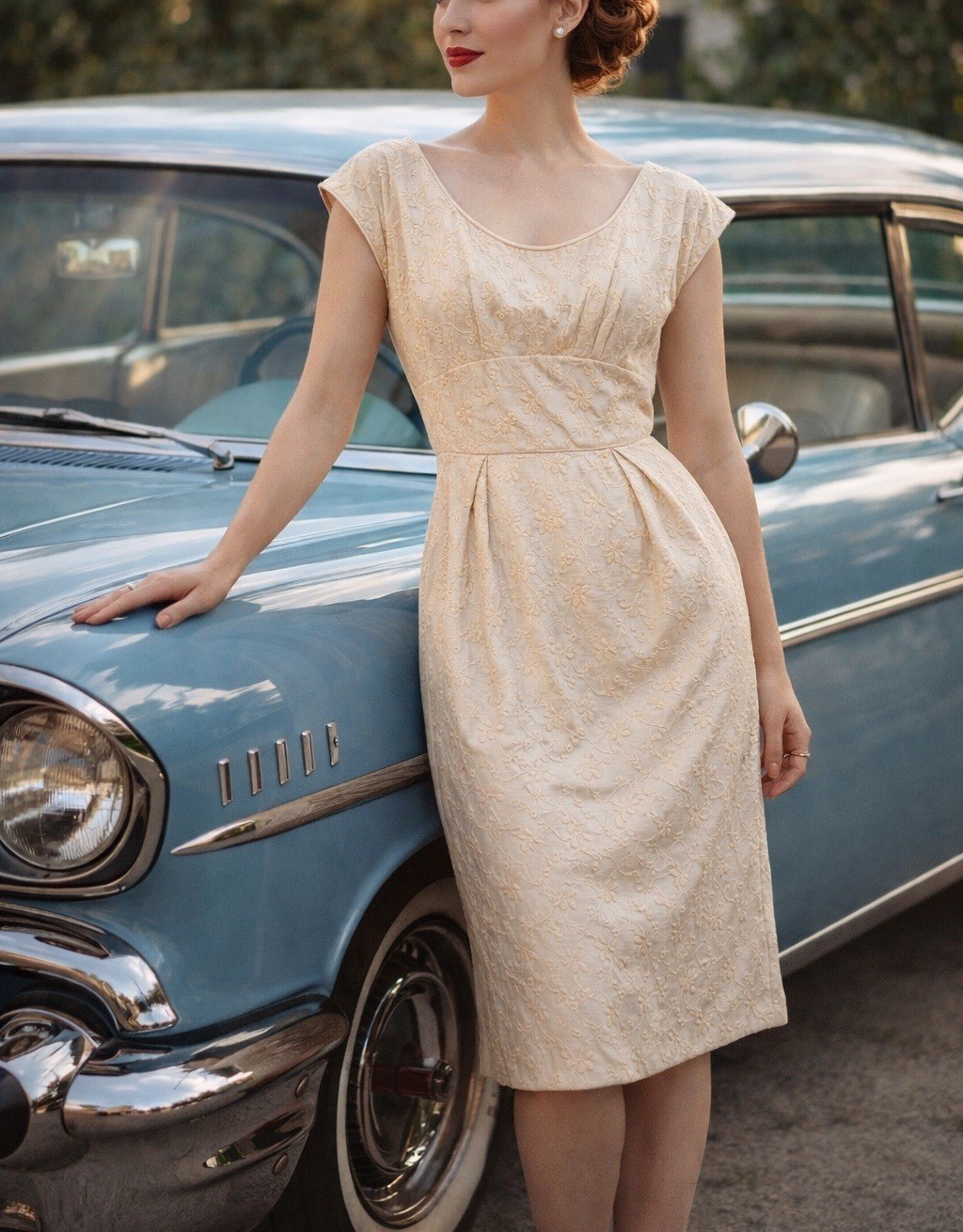 Vintage 50s DON LOPER Eyelet Embroidered Cocktail Dress Medium 36&Prime; Bust Tagged