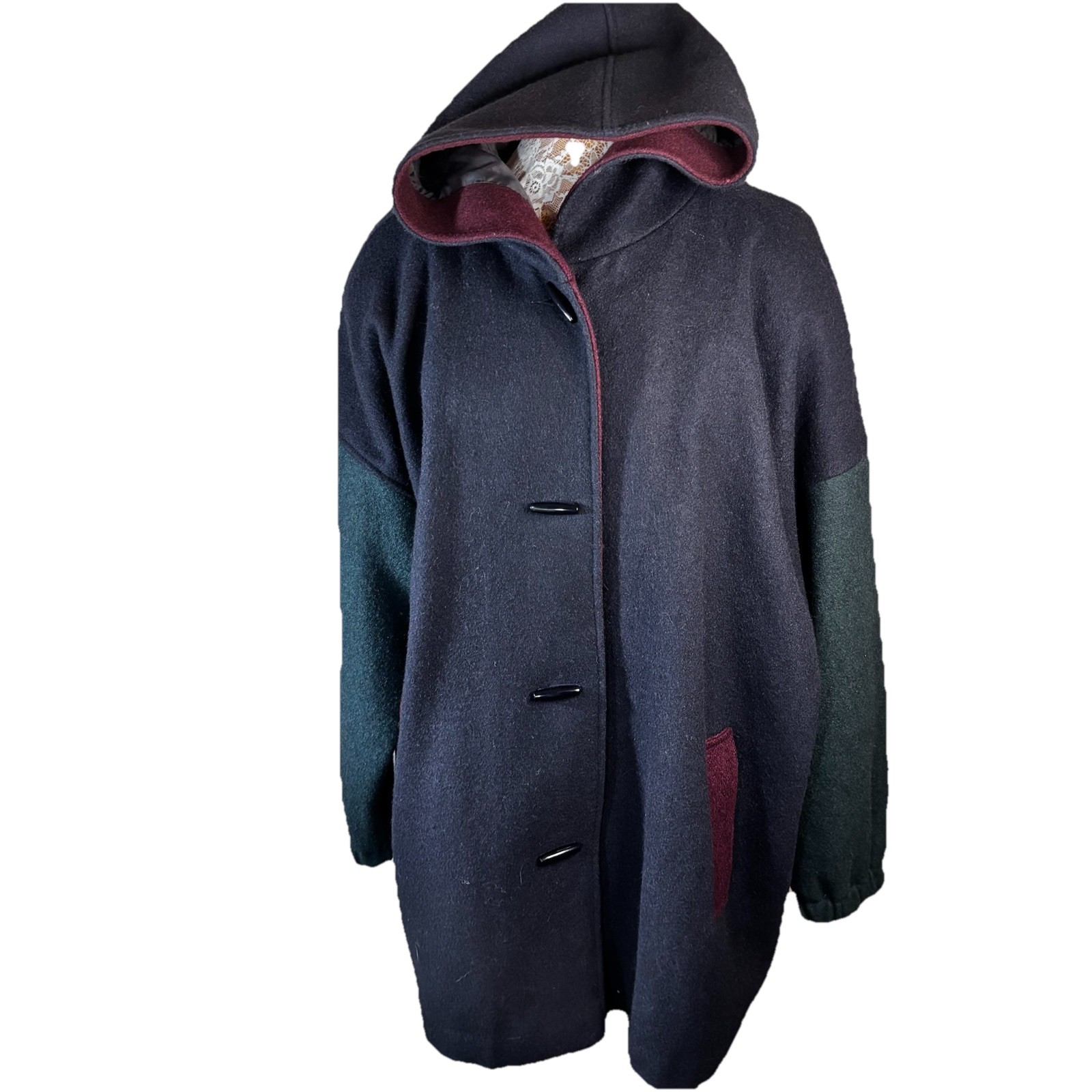 Vtg 90’s Wool Coat W/ Hood Color Block New York Girl Sz 24 1/2 Womens Cozy