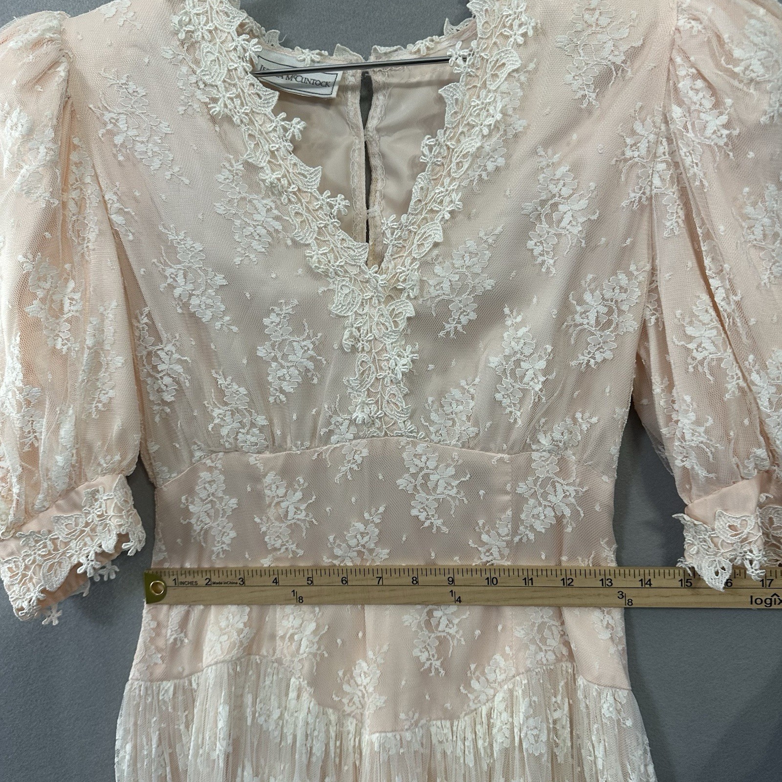 Vtg Jessica McClintock Romantic Victorian Floral Lace Dress Peach Cream SZ 8 USA