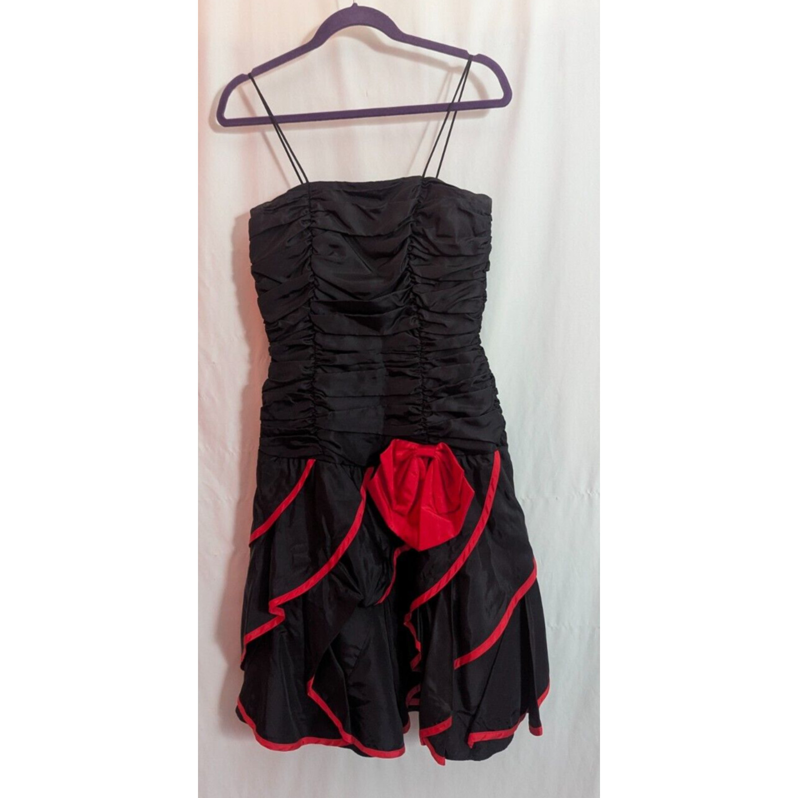 Vtg Hanna Lee Black Red Ruched Formal Dress Size 5/6 Glam Rock Goth Grunge