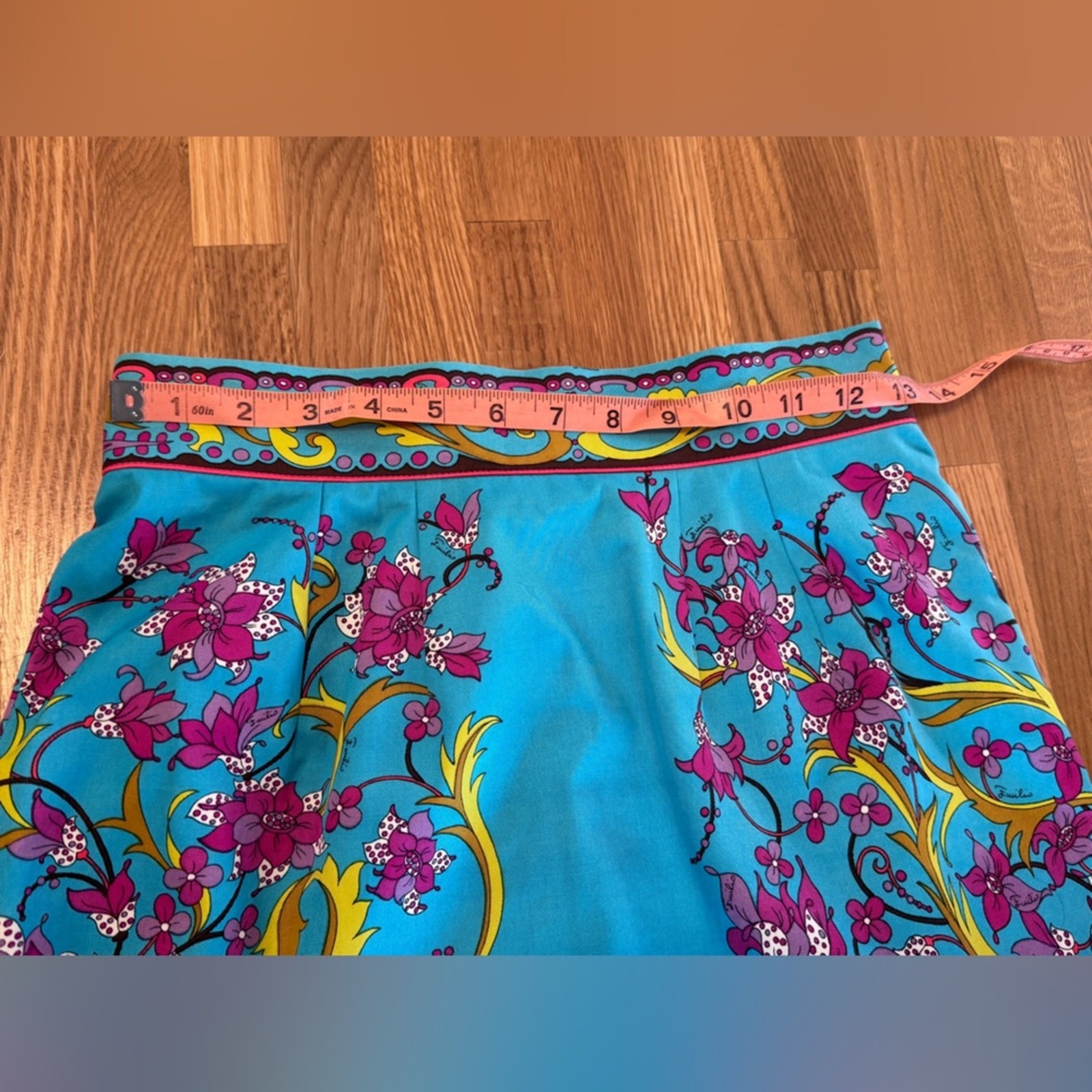 90s Vintage Blue Cotton Emilio Pucci Mini Skirt Turquoise Baroque Floral Sz Sm