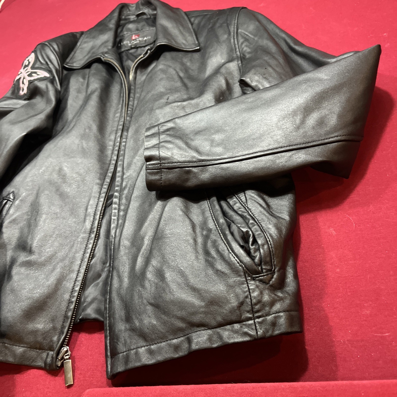 Luis Alvear Black Leather Jacket Zip Up Moto Biker Butterfly Arm Patch Women’s S