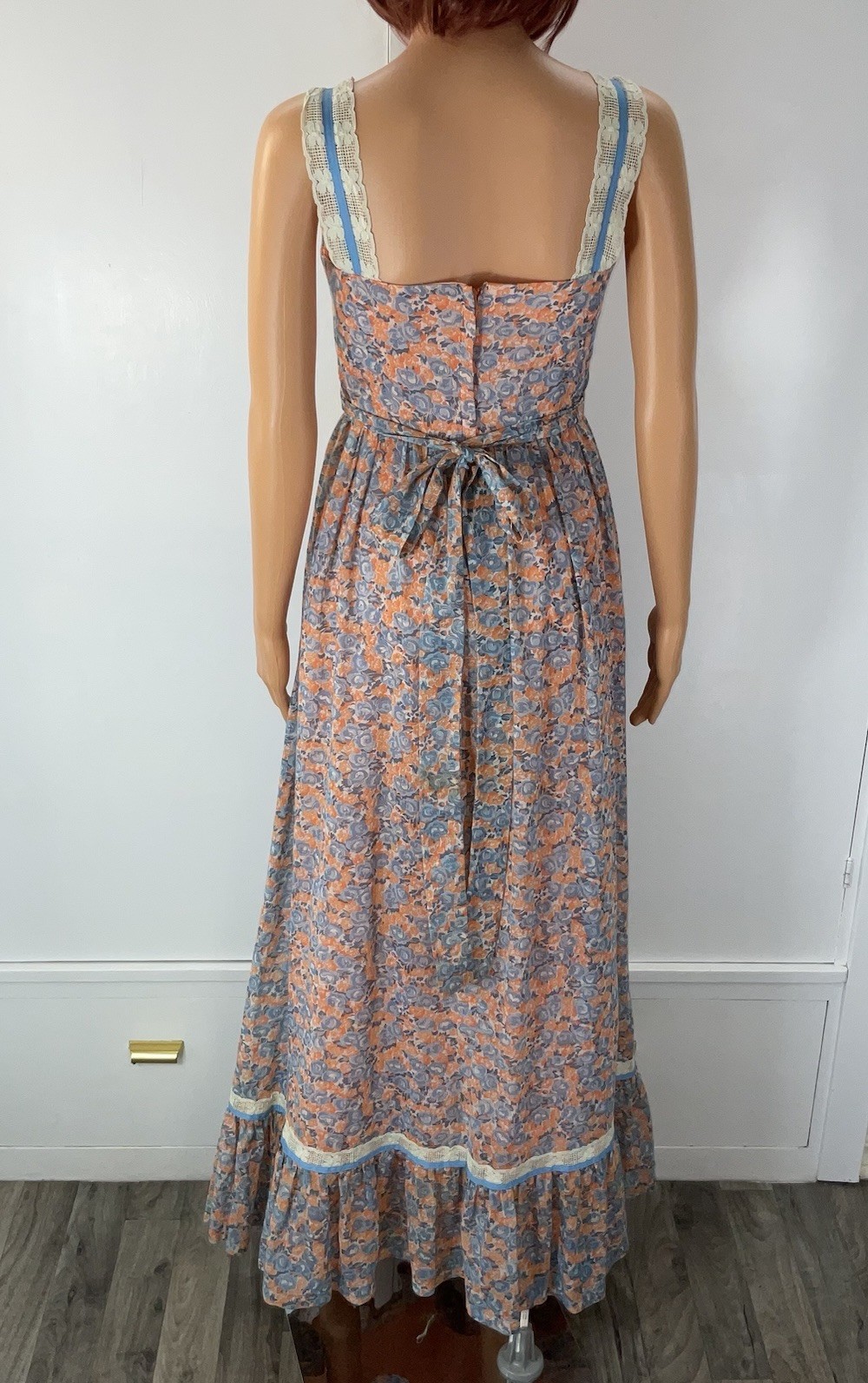 70s Praire Maxi Dress VTG Candi Jones Peach Blue Floral Lace Boho Hippie Sz 9