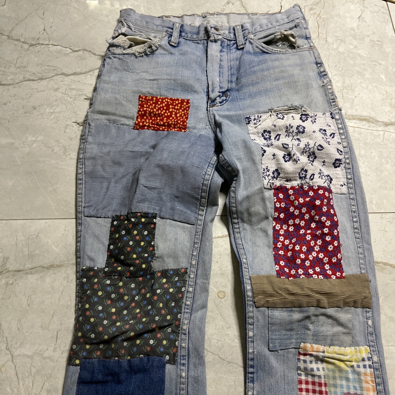 Vtg 60s 70s Wrangler Jeans Patchwork Hippie bell bottom 28/31.5