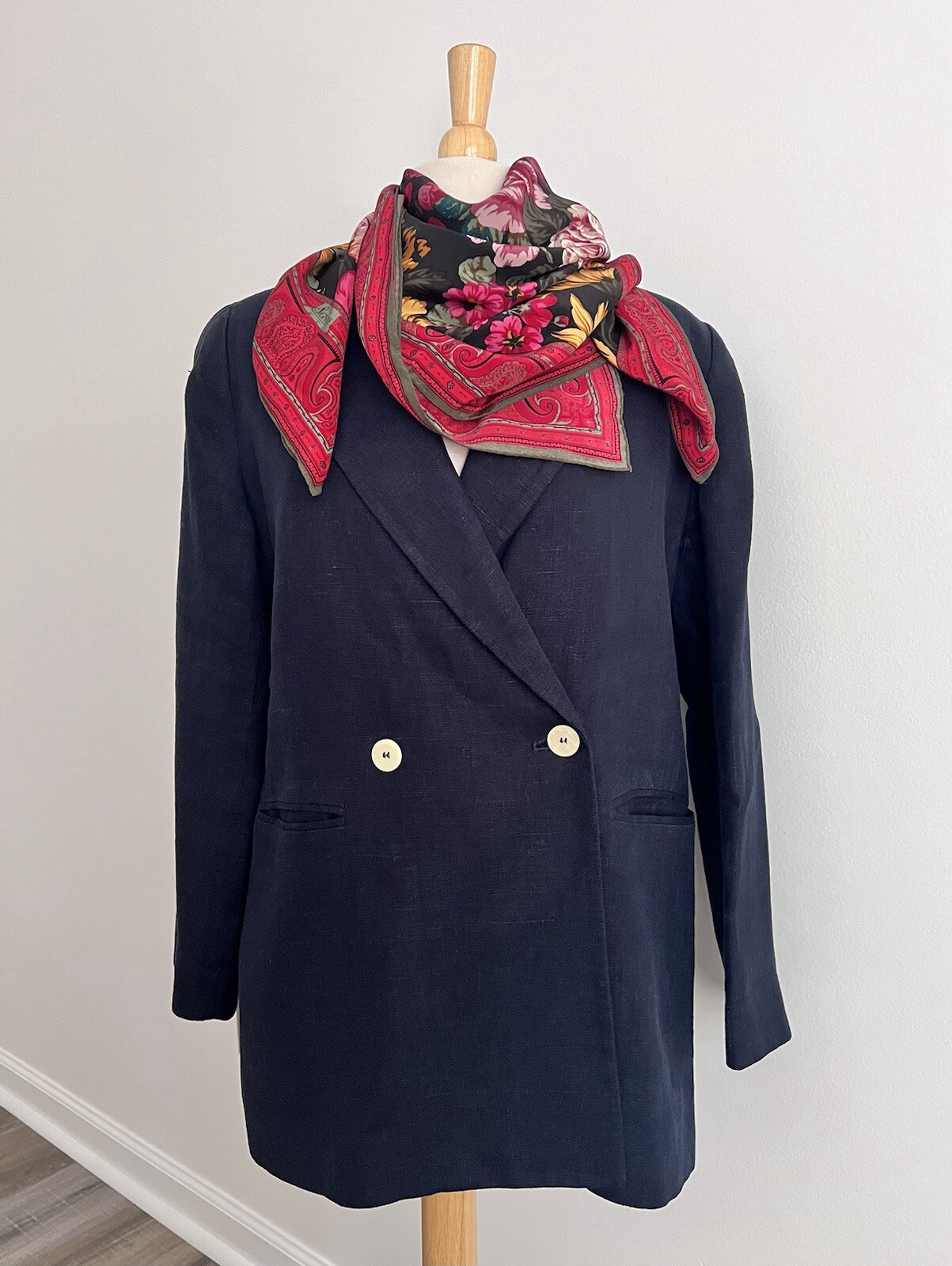 Womens Navy Blue Harvé Benard Lined Linen Blazer Jacket Size M Vintage