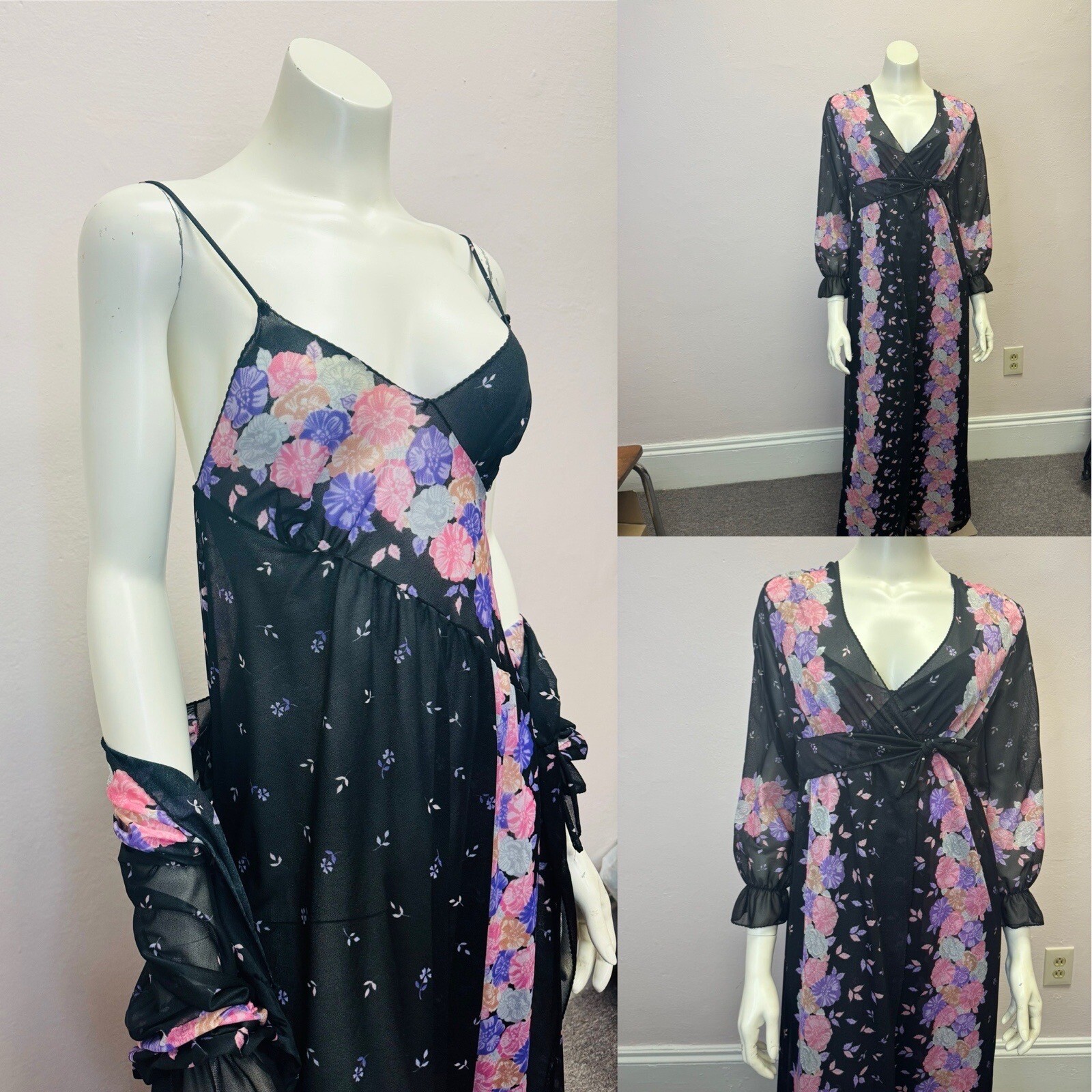 VTG 70&rsquo;s Flair Lingerie Dianne Keesee Peignoir Set Robe Nightgown XS Floral