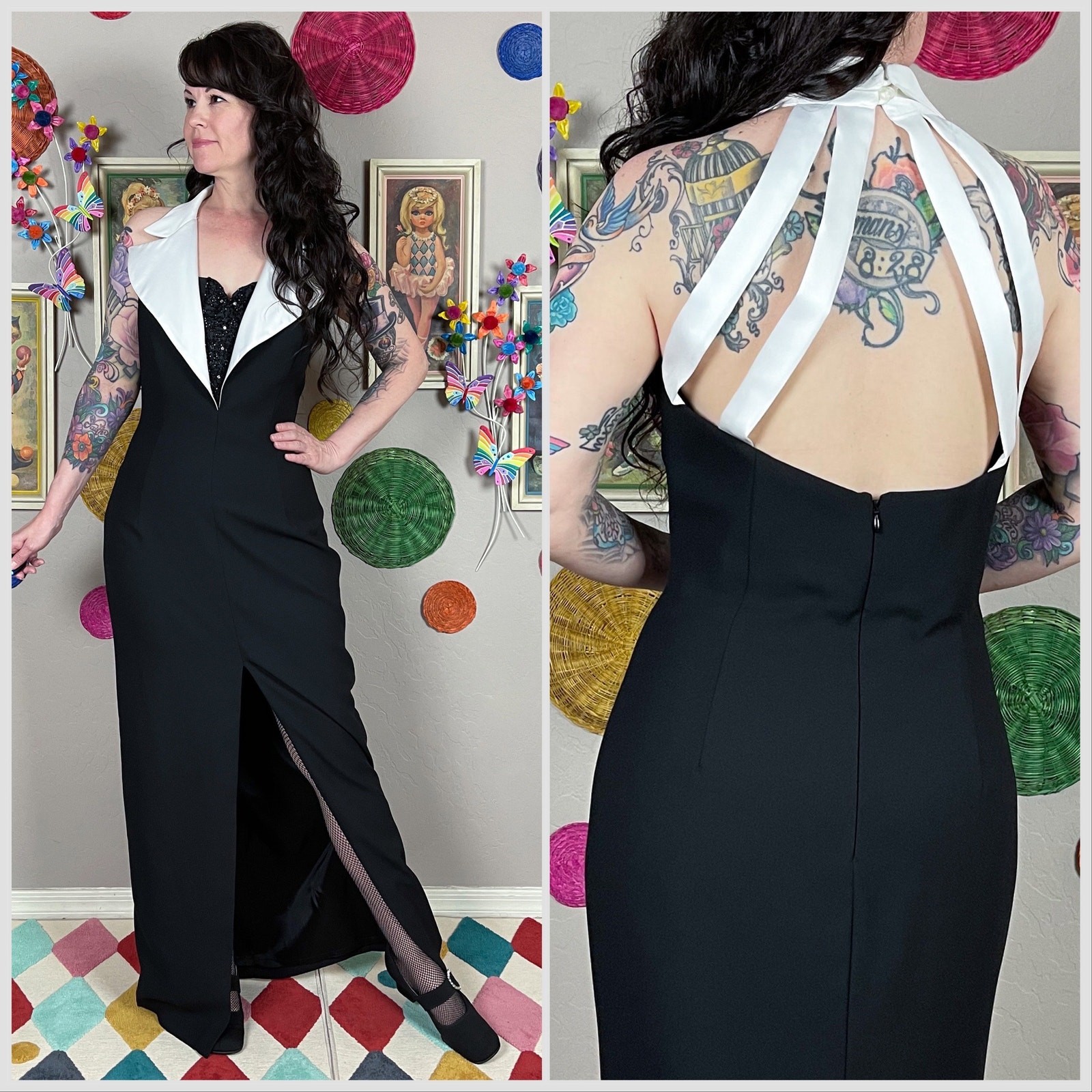 Vintage 1990s Black and White Sleeveless Tuxedo Gown | 30&Prime; Waist