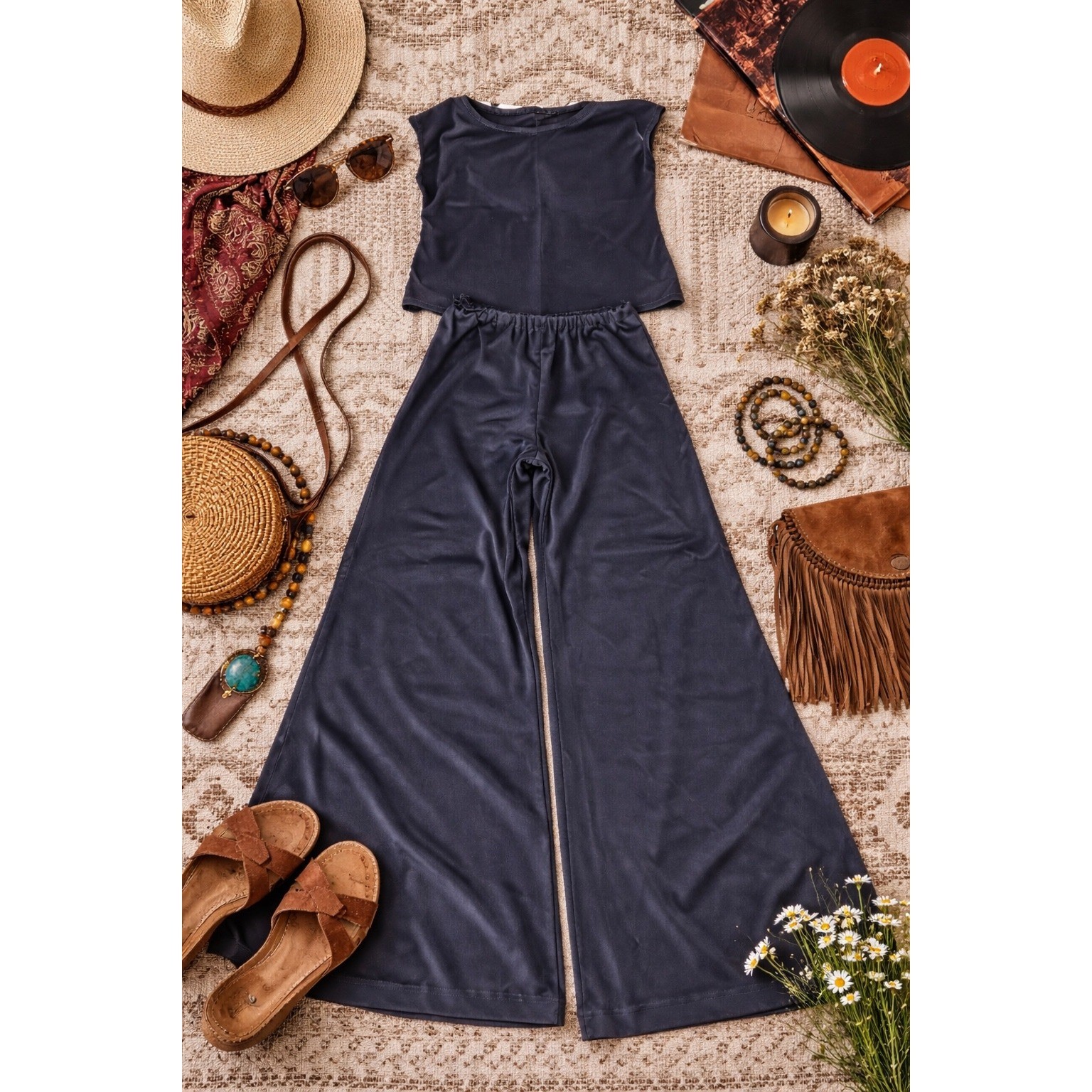 Womens Retro 70s Wide Leg Pant Set Black Sleeveless Co-ord Minimalist Handmade