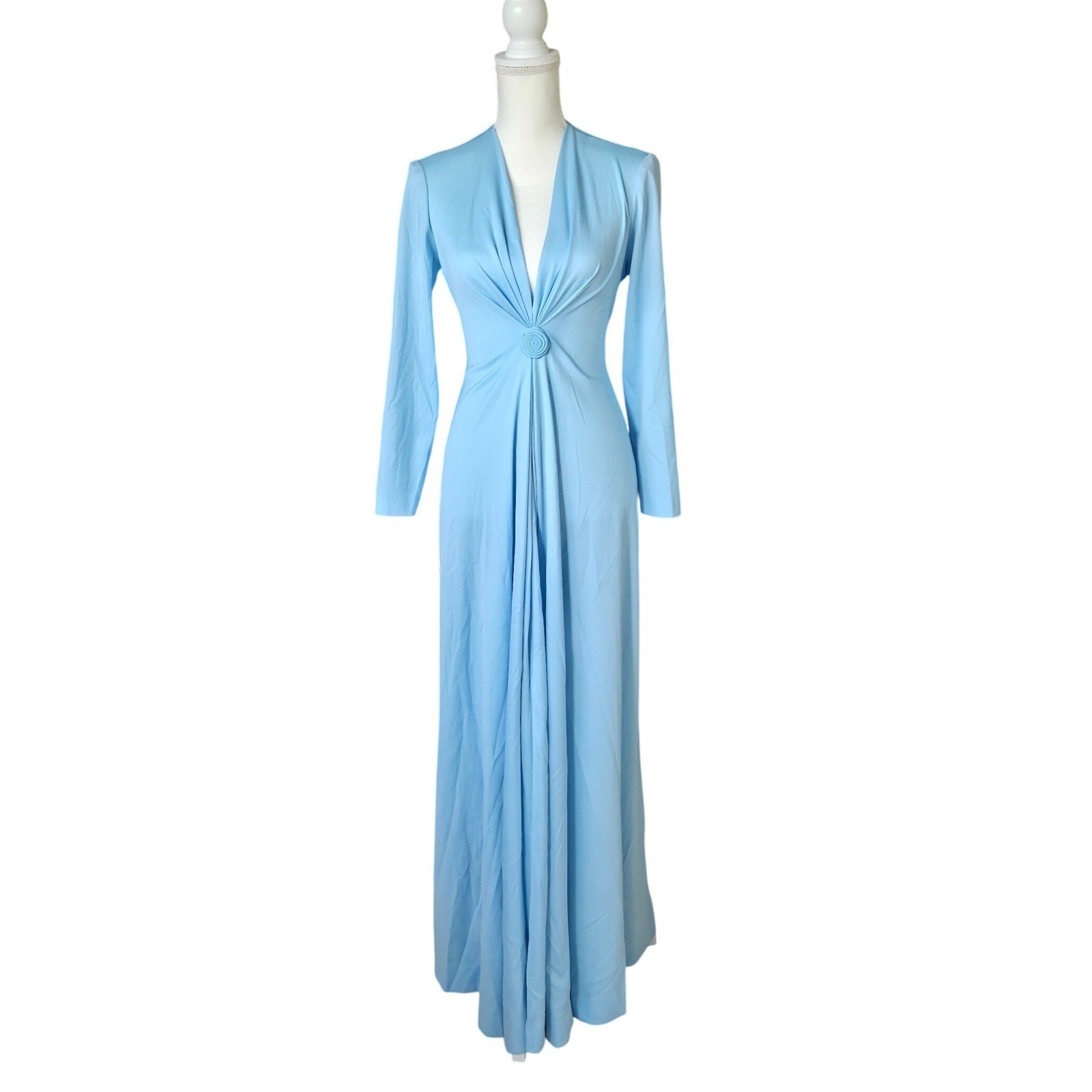 VTG 70s Felix Arbeo B Altman Blue Twist Maxi Dress Disco Goddess Gown Plunge