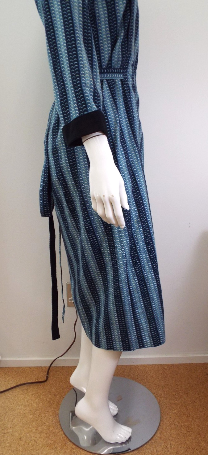 Vintage 1970s KENZO Jap Kimono Long Robe Dress 38 Blue Cotton Wrap Front Belt