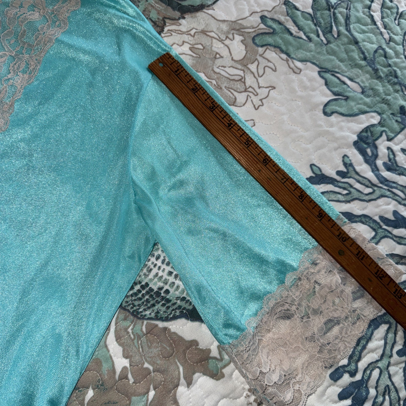 ERICA LOREN Vtg 1970s NYLON Pajama Set AQUA Blue Lace Trim SMALL Boho
