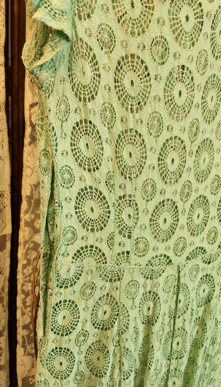 1930s Aqua Cotton Crochet Lace Dress with Cap Sleeves and Pockets XS