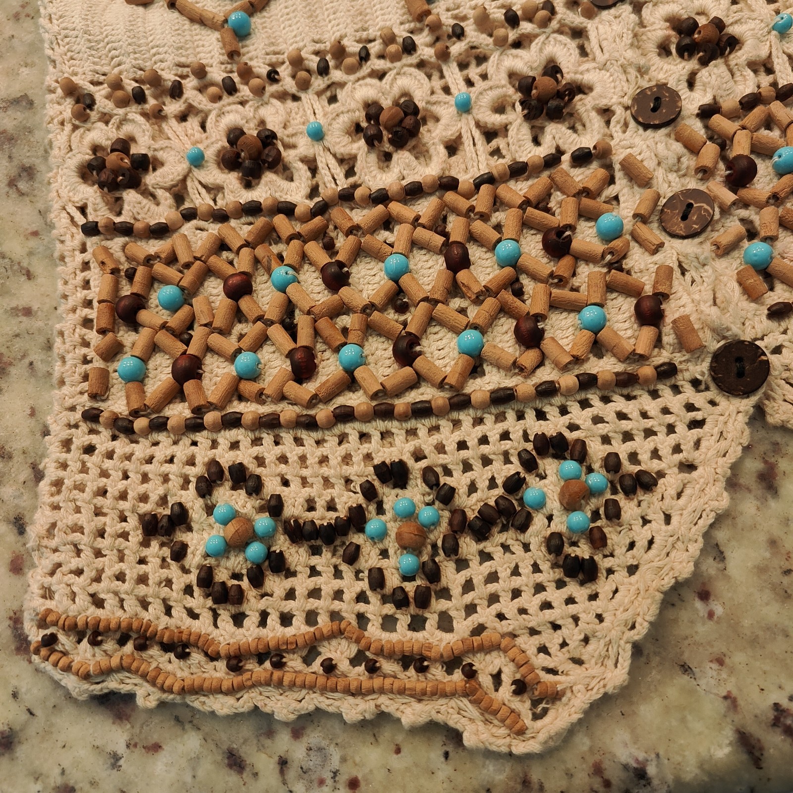 Ann Tjian for Kenar Macrame Wood Beaded Boho Festival Hippie Vest Small Petite