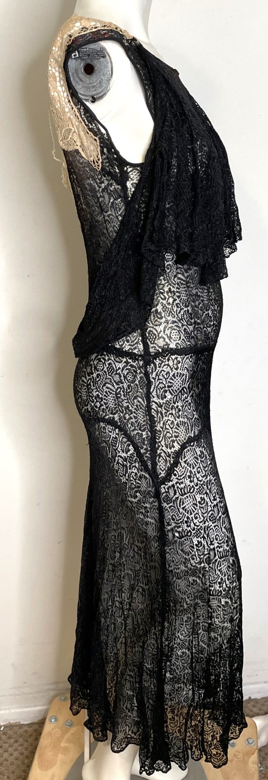 Antique 20s 30s Black Lace Art Deco Dress S M 3-in-1 Sleeveless Midi Fitted