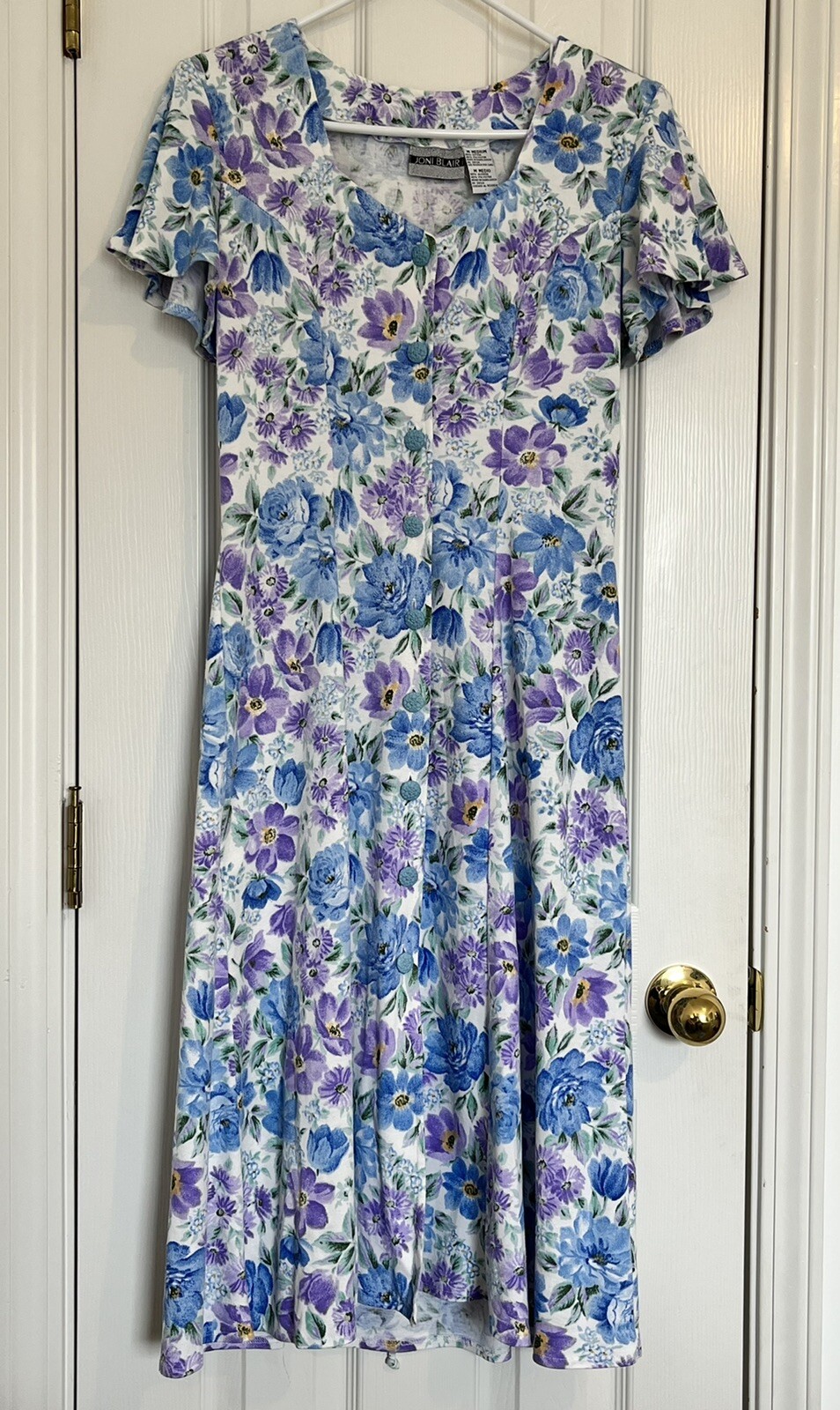 Vintage Joni Blair Floral Button Up Dress Lace up back shoulder pads size M EUC