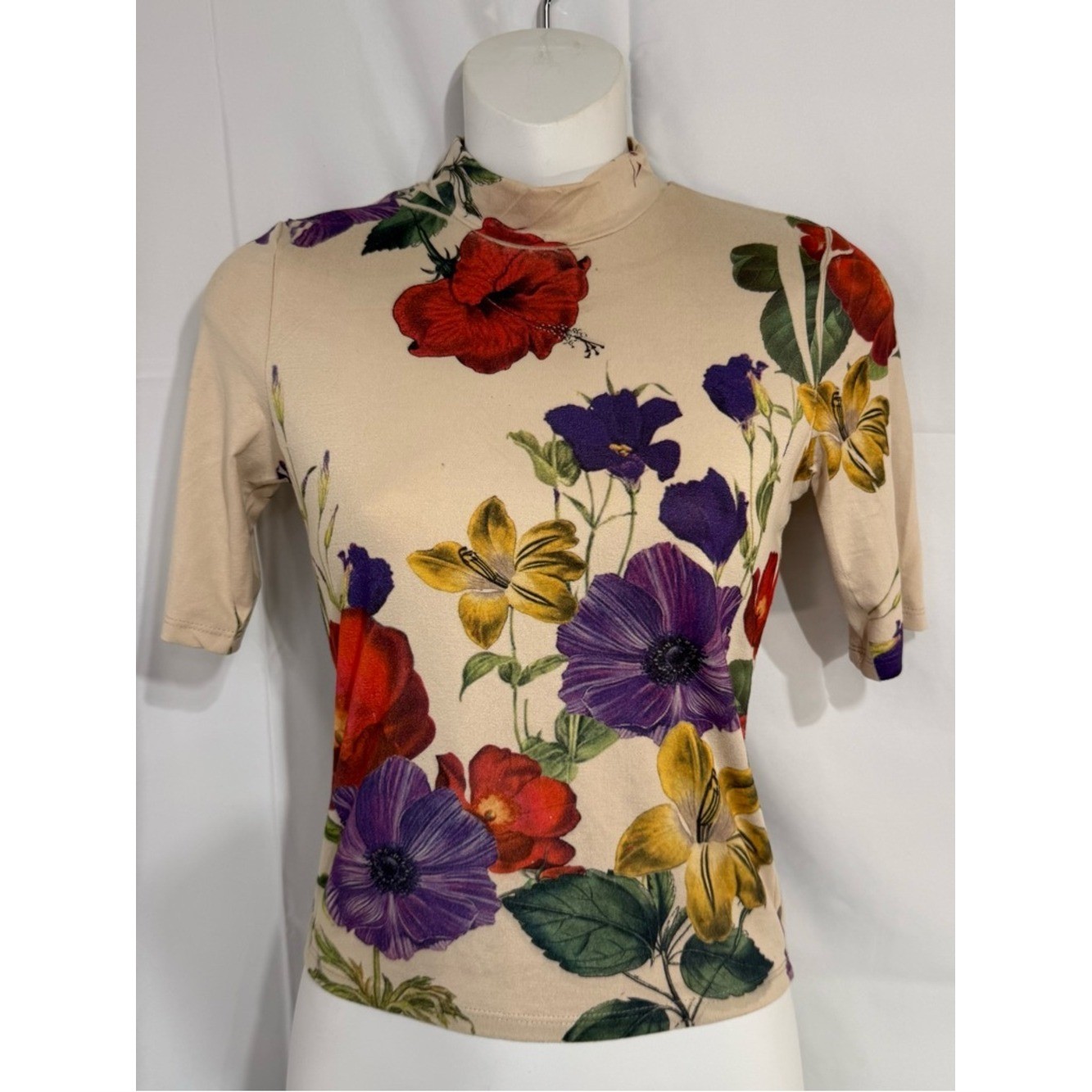 Vintage Y2K Floral Mock Neck Top XS Fitted Stretch Garden Print
