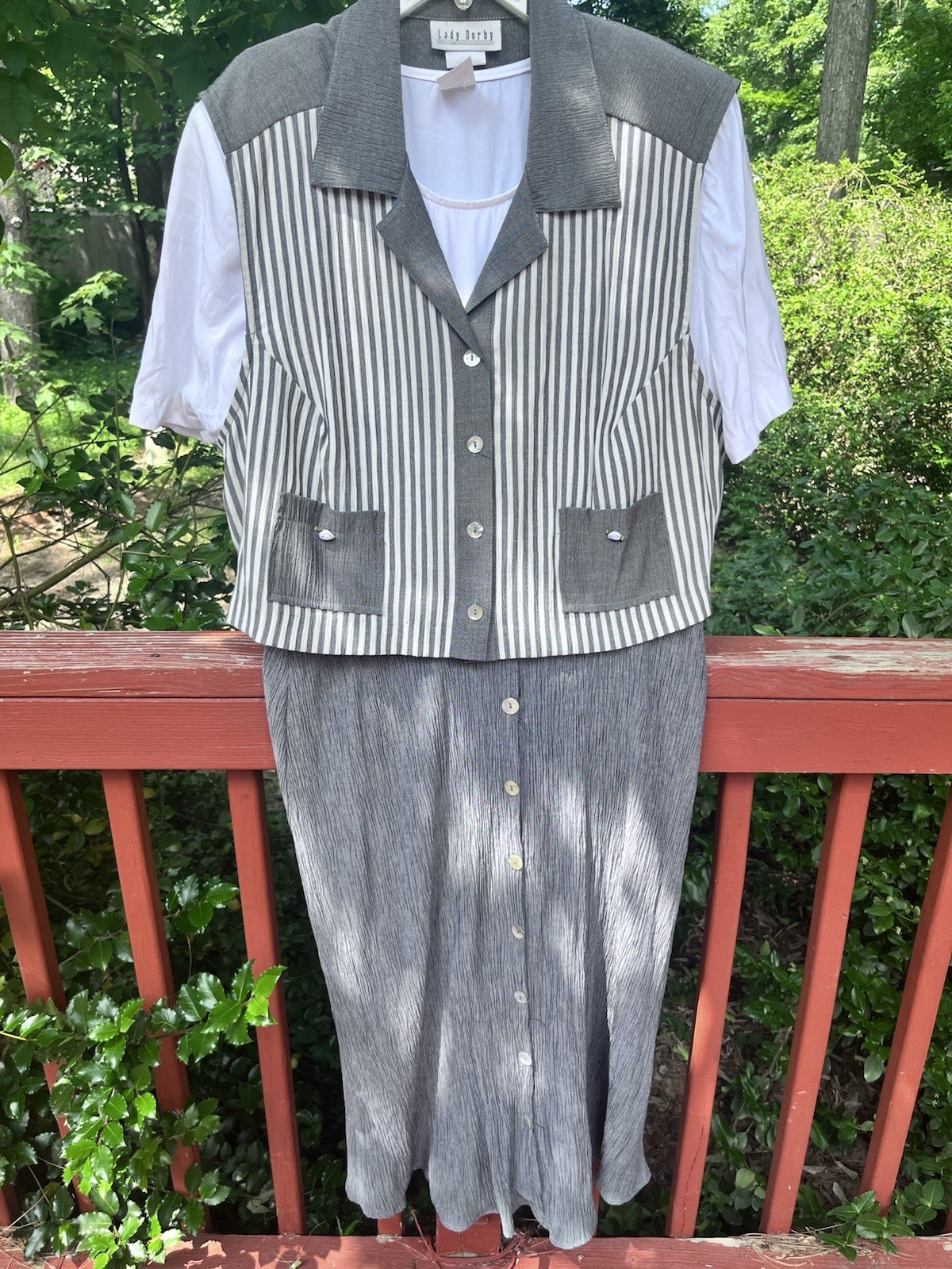 Lady Dorby Vintage 2 Pc Dress Set 22W Gray White Striped Button Front Plus Size