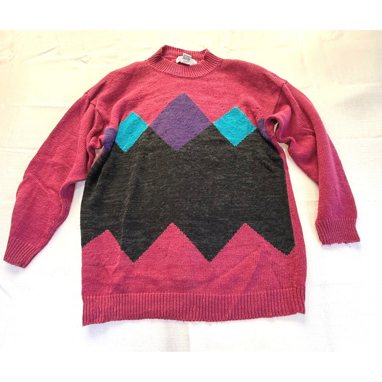 Vintage 80s Colorblock Sweater 18W Plus Size Ramie Knit Bold Chevron