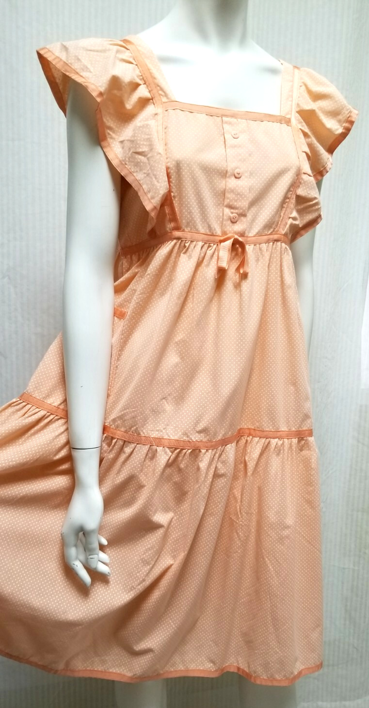 Vintage Peach & White Polka Dot Empire Waist Dress – Size S – EUC