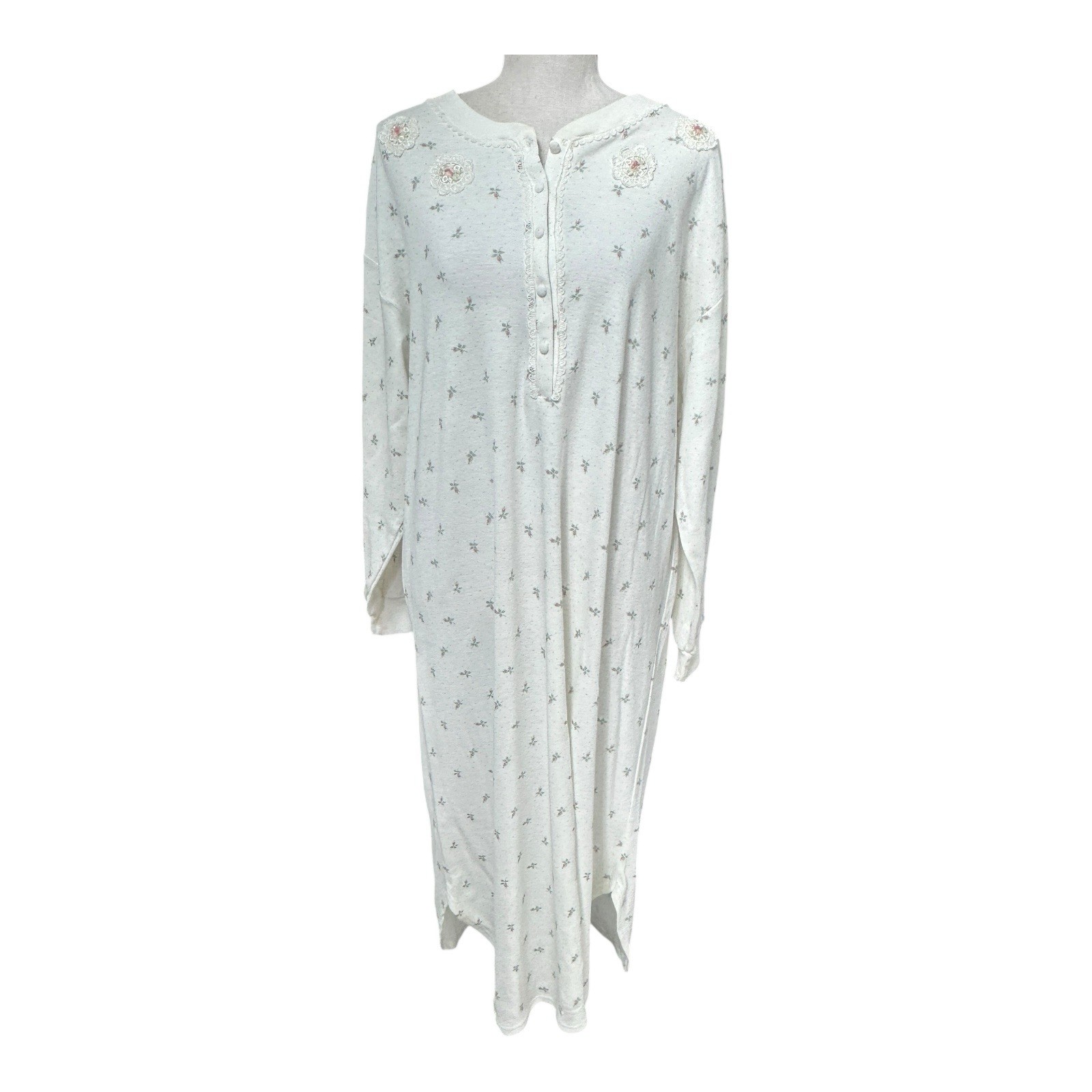 Vtg Aria Floral Cotton Knit Nightgown L White Pink Roses Cottage Core