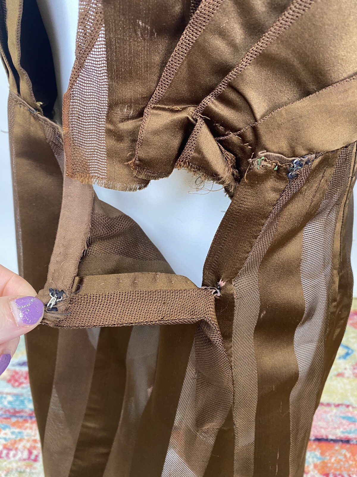 Brown Silk Net Striped Antique Victorian Walking Dress Edwardian 1900s AS IS