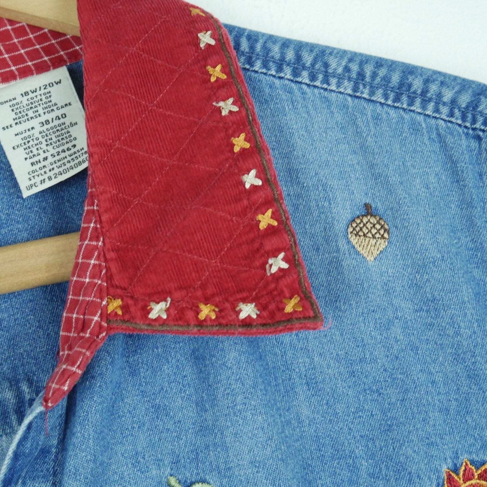 Vintage 18 W Top Chambray Embroidered Fall Pumpkins Grannycore Cottagecore