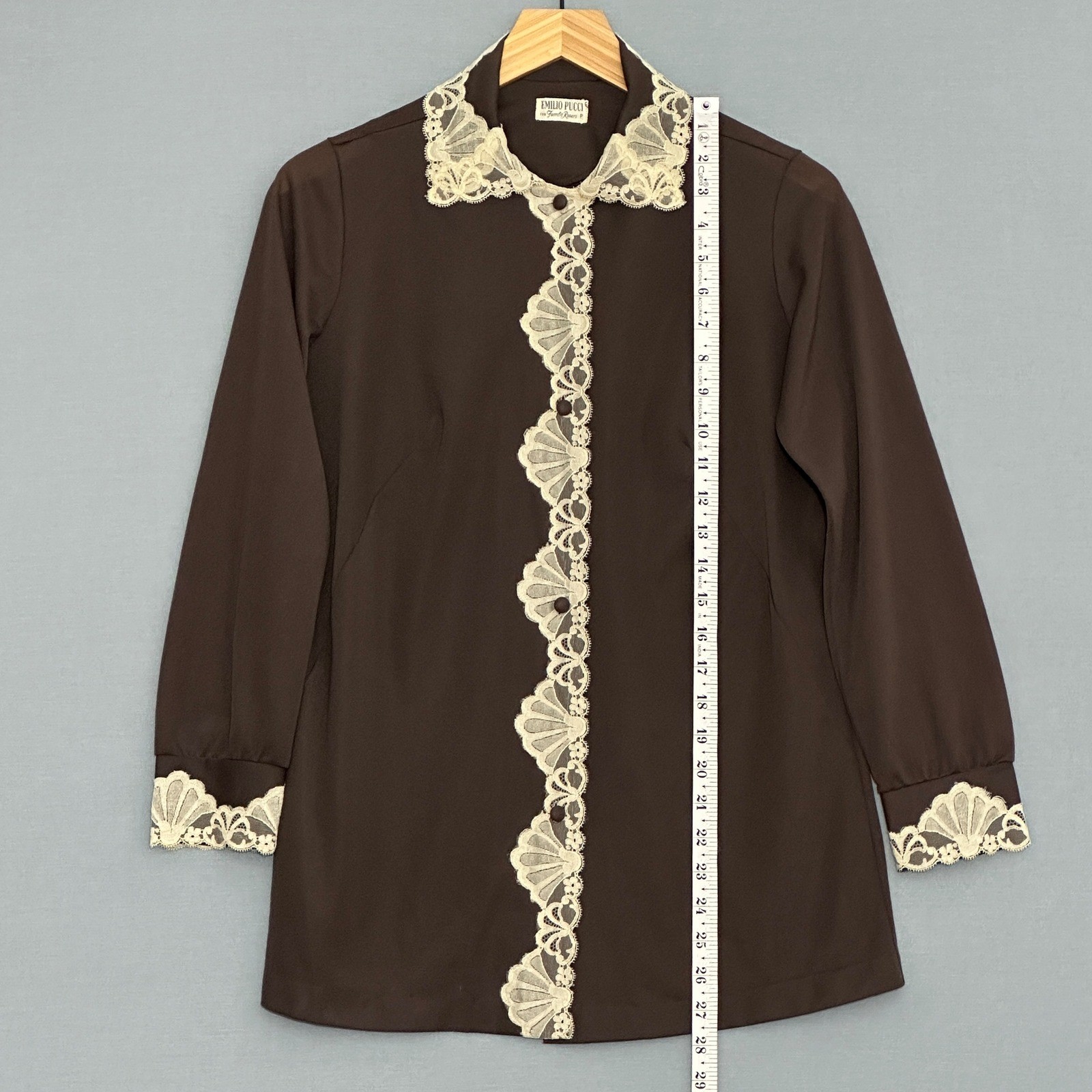 VTG 60s Emilio Pucci Formfit Rogers Womens Top 8 Brown Lace Trim Retro Romantic