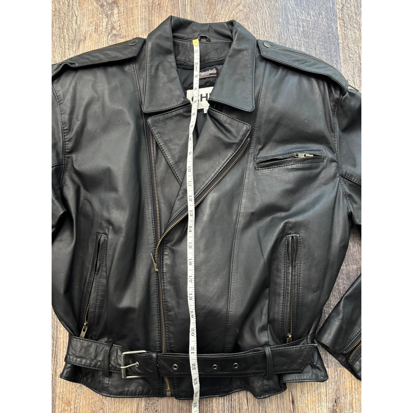 Vintage Chia Black Leather Biker Jacket Thinsulate Liner Belted Moto 2126 M