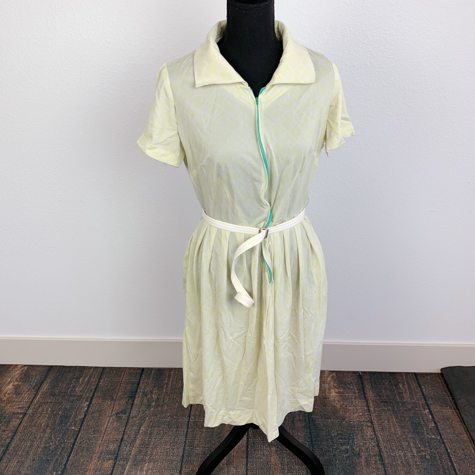 Vintage 60s The Stroller Yellow Aqua Zipper Cutter Dress Twee Belt Size 16.5