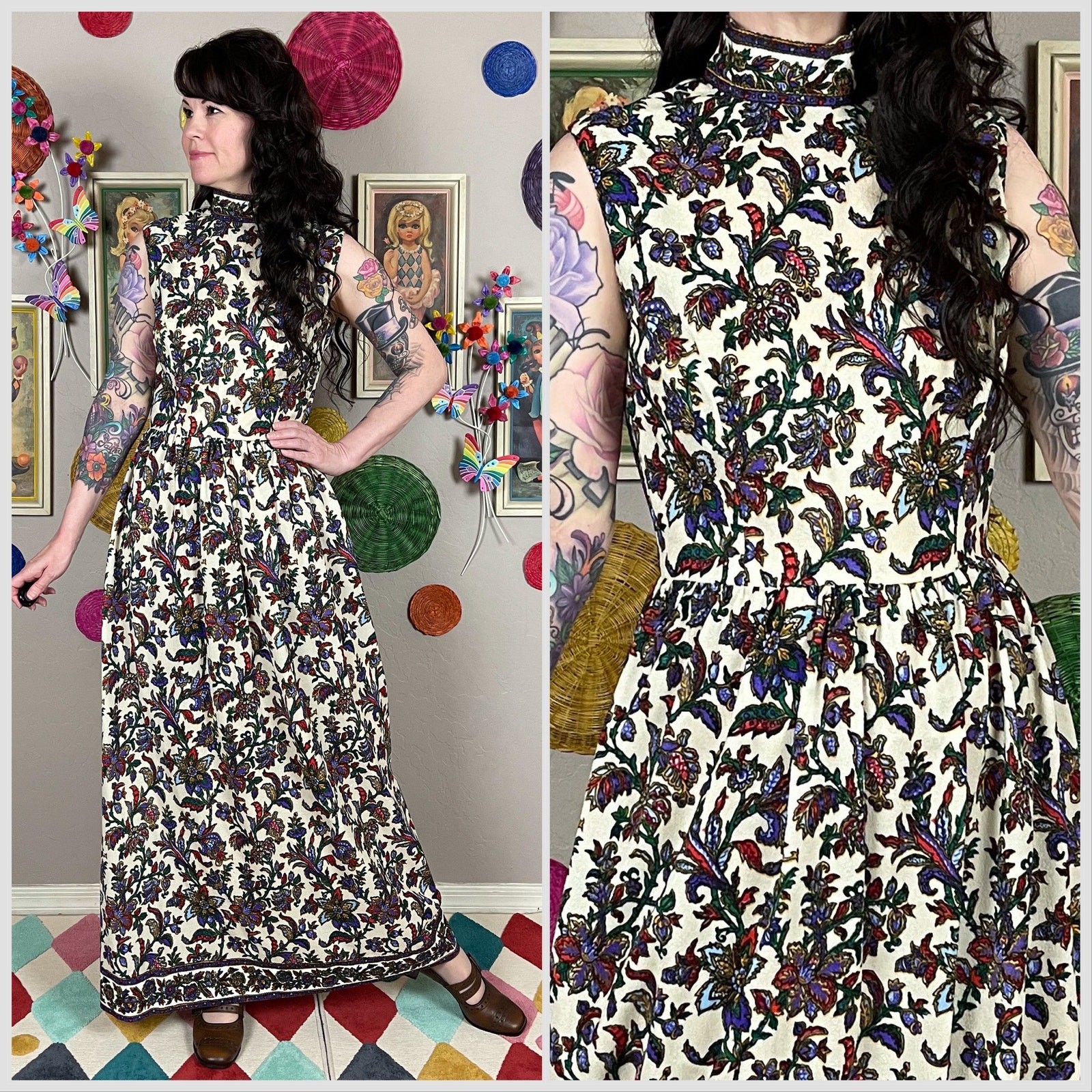 Vintage 1970s Floral Mock Neck Sleeveless A-Line Maxi Dress | 28&Prime; Waist