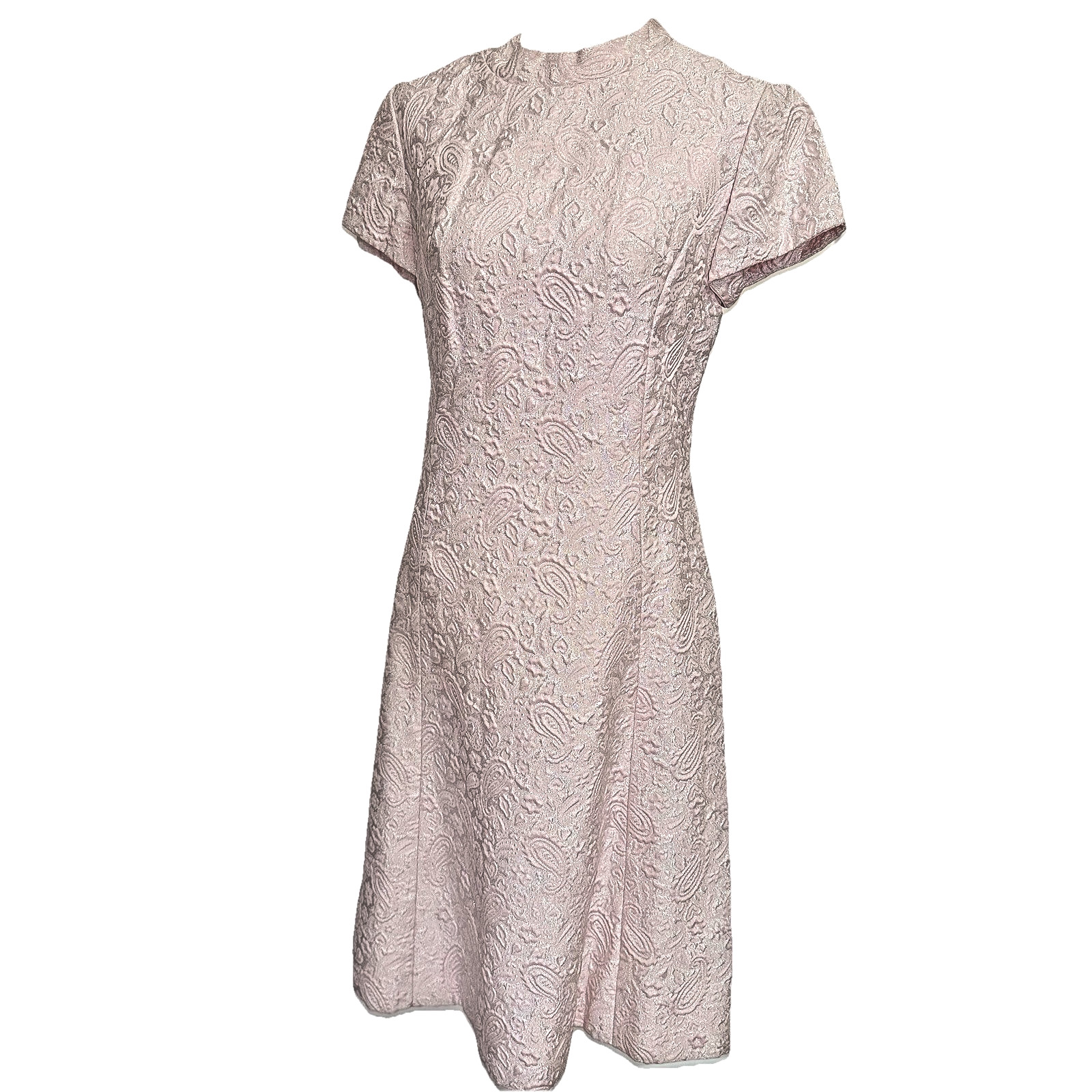 Vtg Party Dress 60s Paisley Pink & Silver Brocade Mod Cocktail Harmay S 6 36