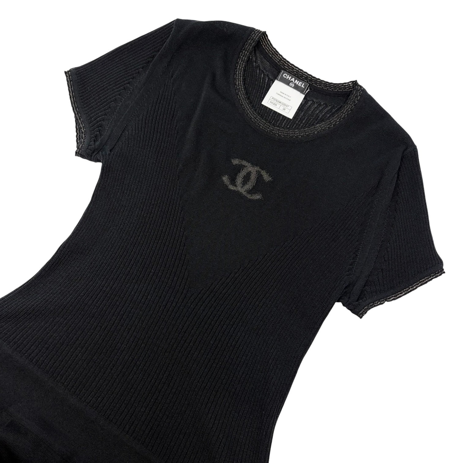 CHANEL Vintage P37829 CC Button Rib Knit Dress One-piece Black #38 Sheer 902018