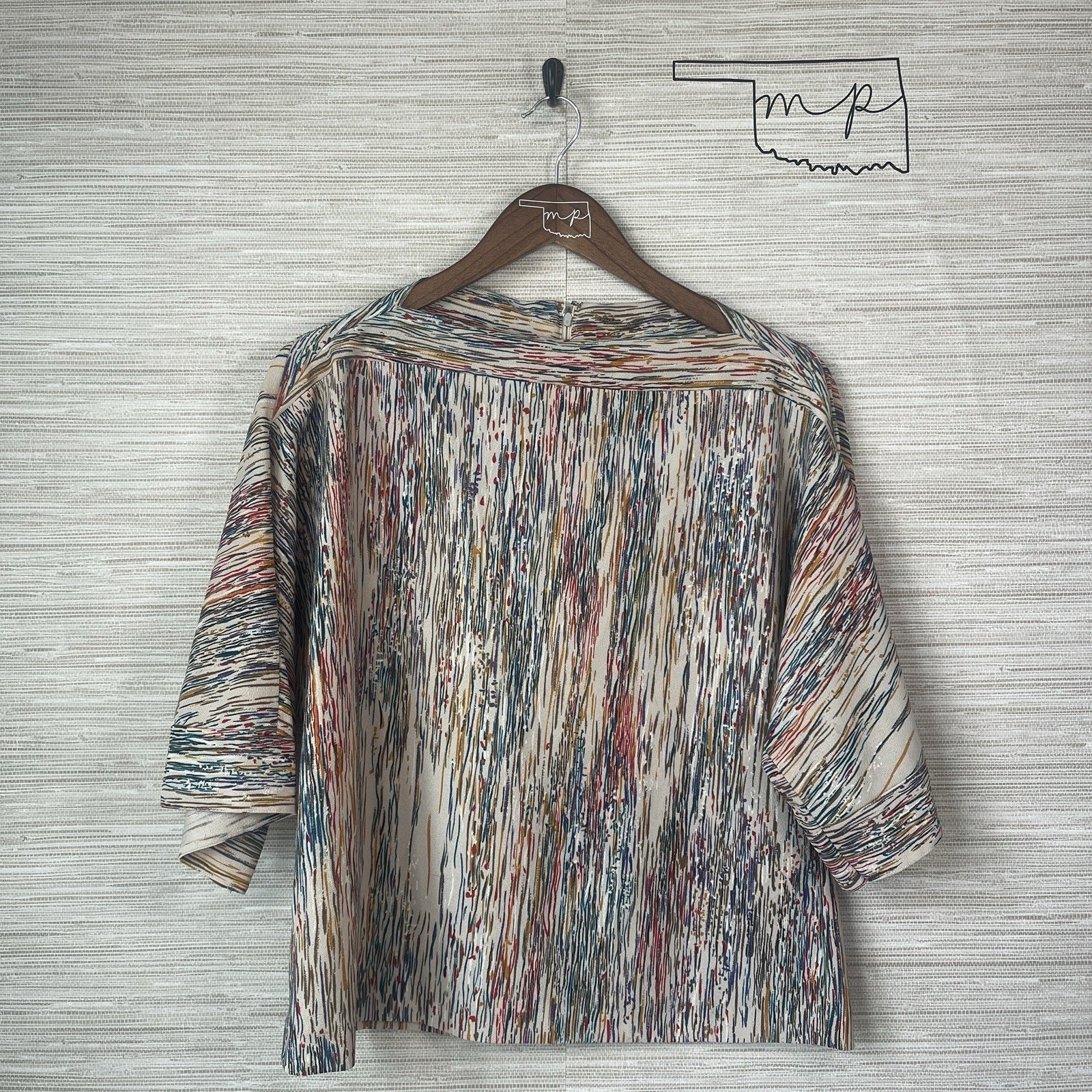 Vintage Woman&rsquo;s 16 Jo Hanna York Top Multicolor Geometric Pattern Zip Boat Neck