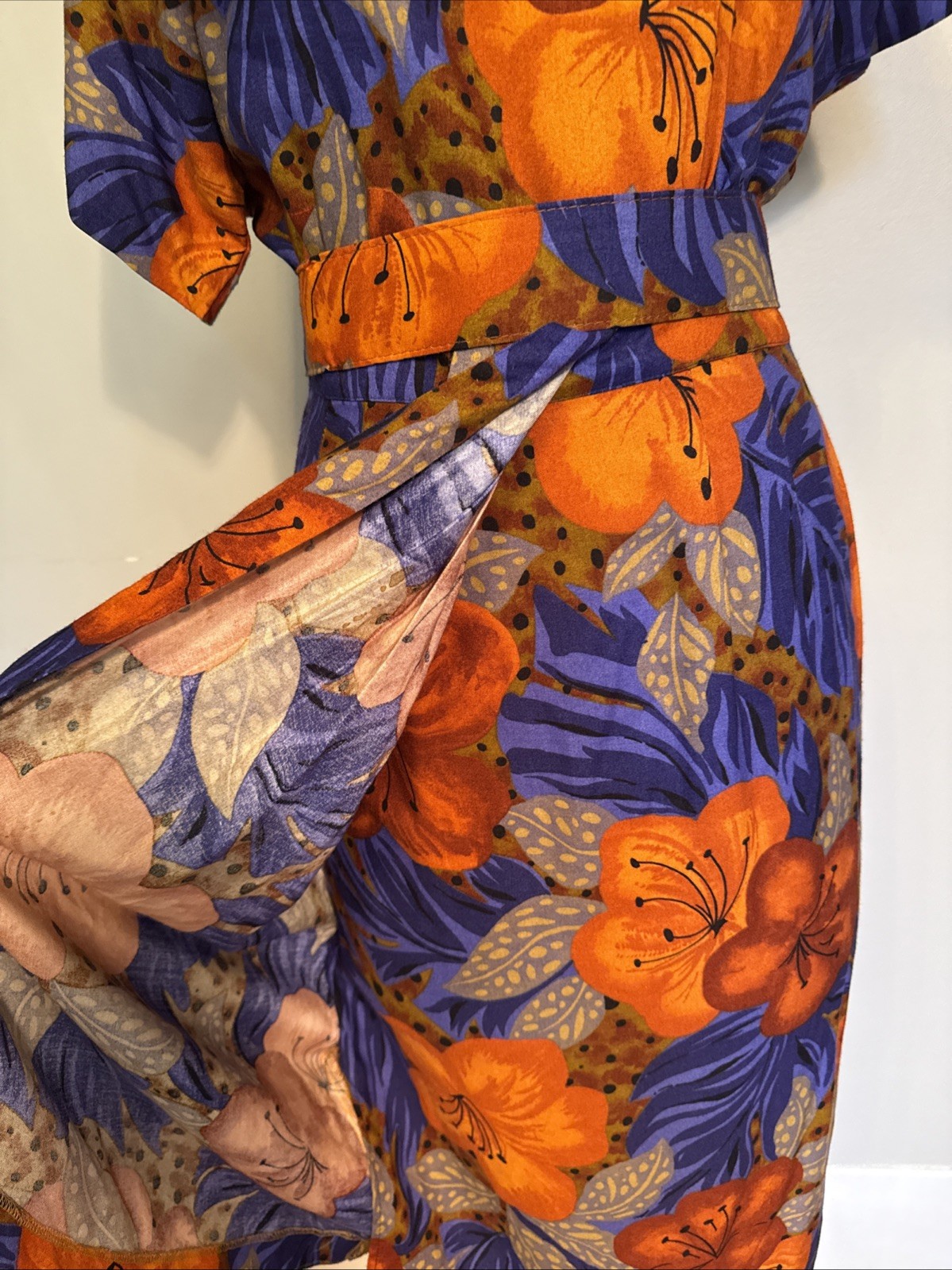 Vintage Jeffrey & Dara Tropical Print Faux Wrap Pencil Wiggle Dress Belt 5/6 USA