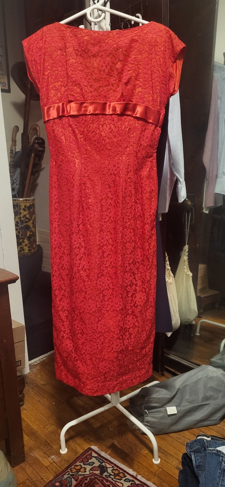 Vintage 1950&rsquo;s Nina Andrews Red Lace Empire Boat Neck & Low Back Fitted Dress 12