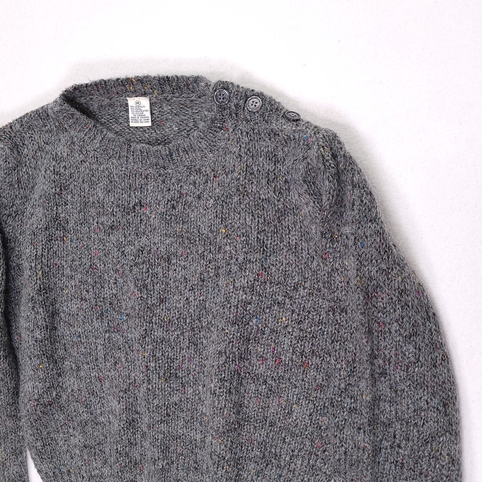 Vintage Gray Speckled Wool Blend Knit Sweater Shoulder Button Puff Sleeve Medium
