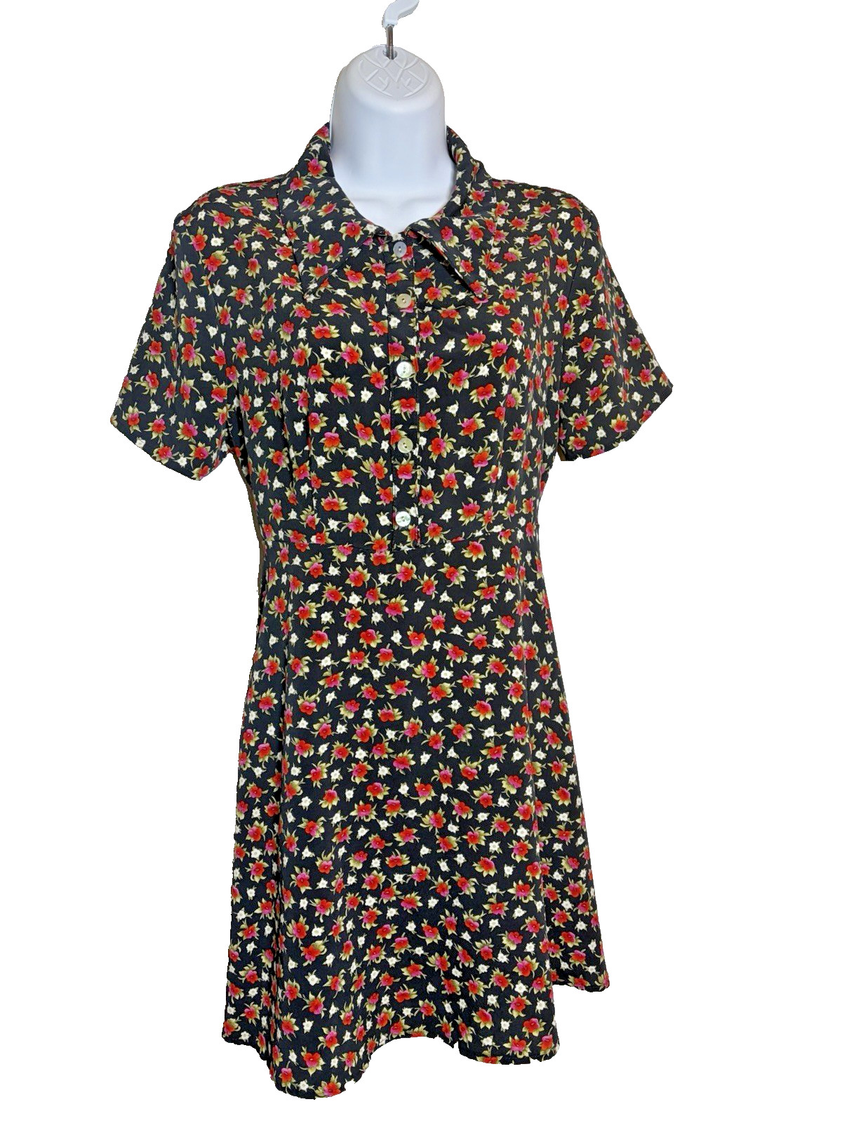 Vtg 90s PJLA Black Floral Crepe Mini Dress~L~Fit & Flare Retro Grunge Rockabilly