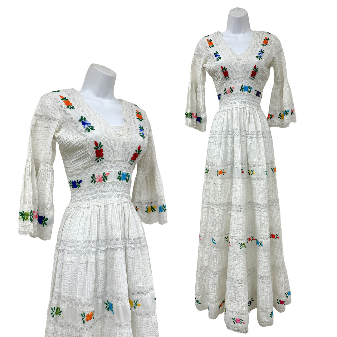 Vintage 1960s White Mexican Pintuck Floral Wedding Dress w Sheer Lace Detail