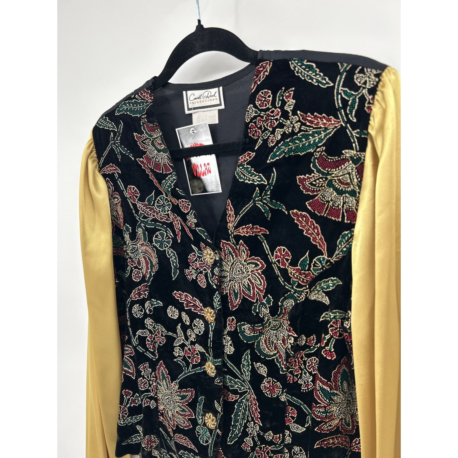 Carol Reed Collections Vintage Velvet Floral Beaded Jacket Gold Satin Sleeve 16