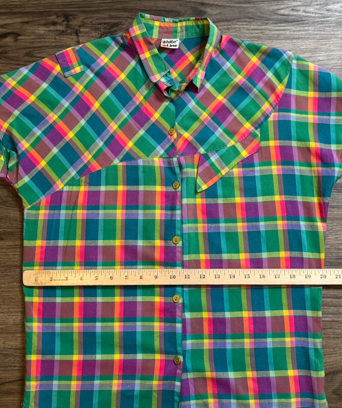 Vintage 80s Rainbow Plaid Button Down Camp Shirt Retro Dopamine Quirky Top