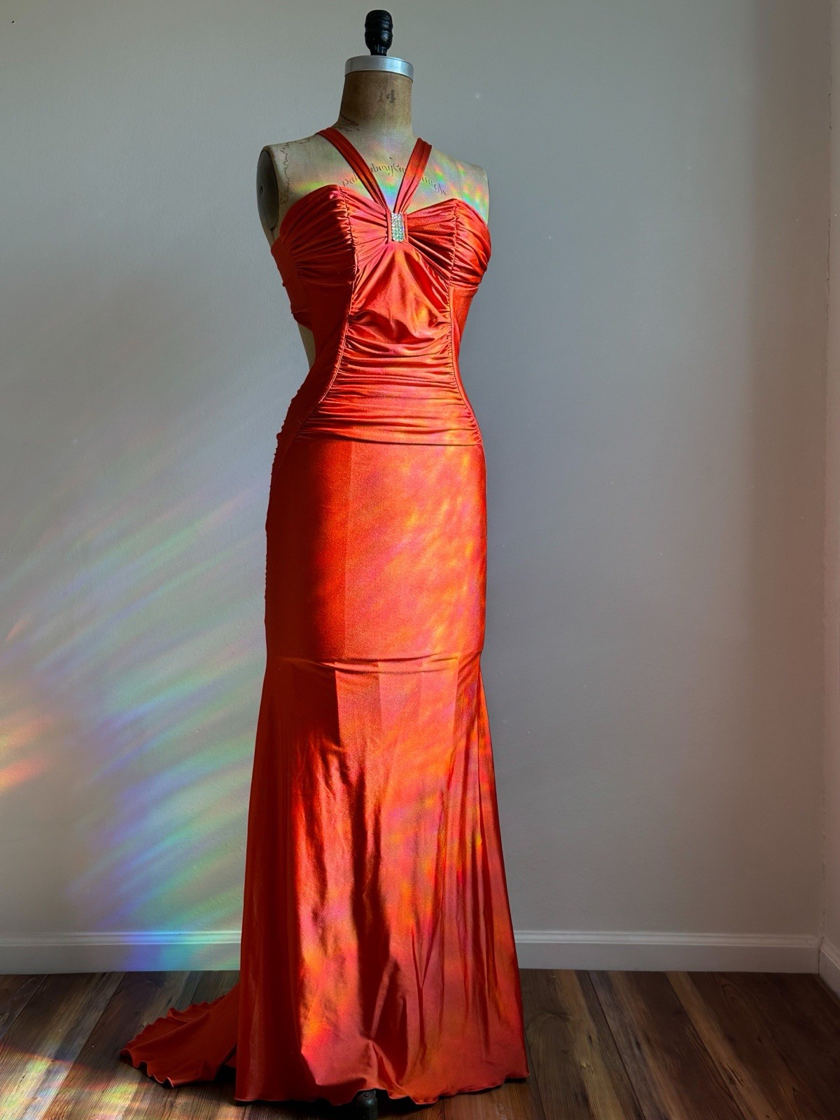 1990s Y2K Valentine Sexy Backless Rhinestone Mermaid Gown Dress Stretch Halter
